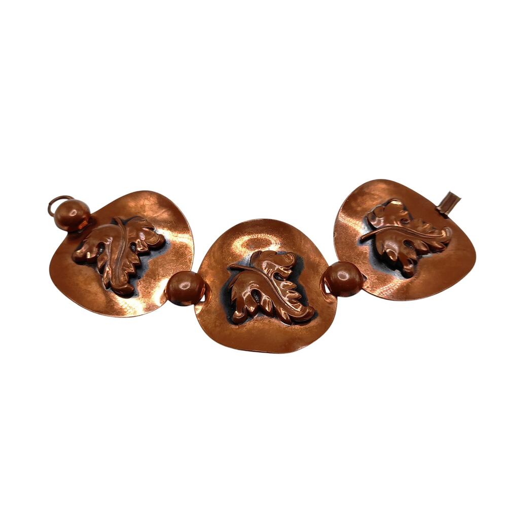 Vintage Copper Art Nouveau Leaf Link Bracelet, 7 Inches, 1950s